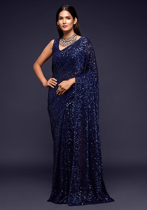 Blue Sequin Thread Embroidered Georgette Saree Set