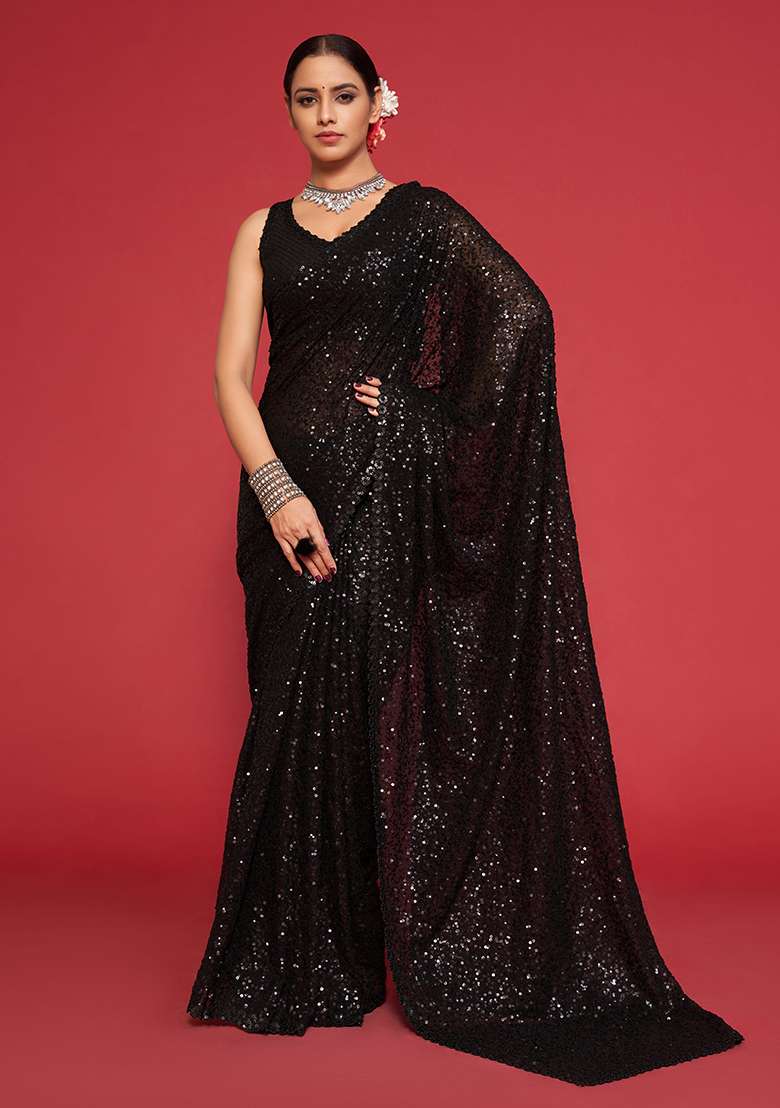 Black Thread Georgette Saree Set with Embroidered & Sequin for Diwali | Wedding & Festive Wear - Indya