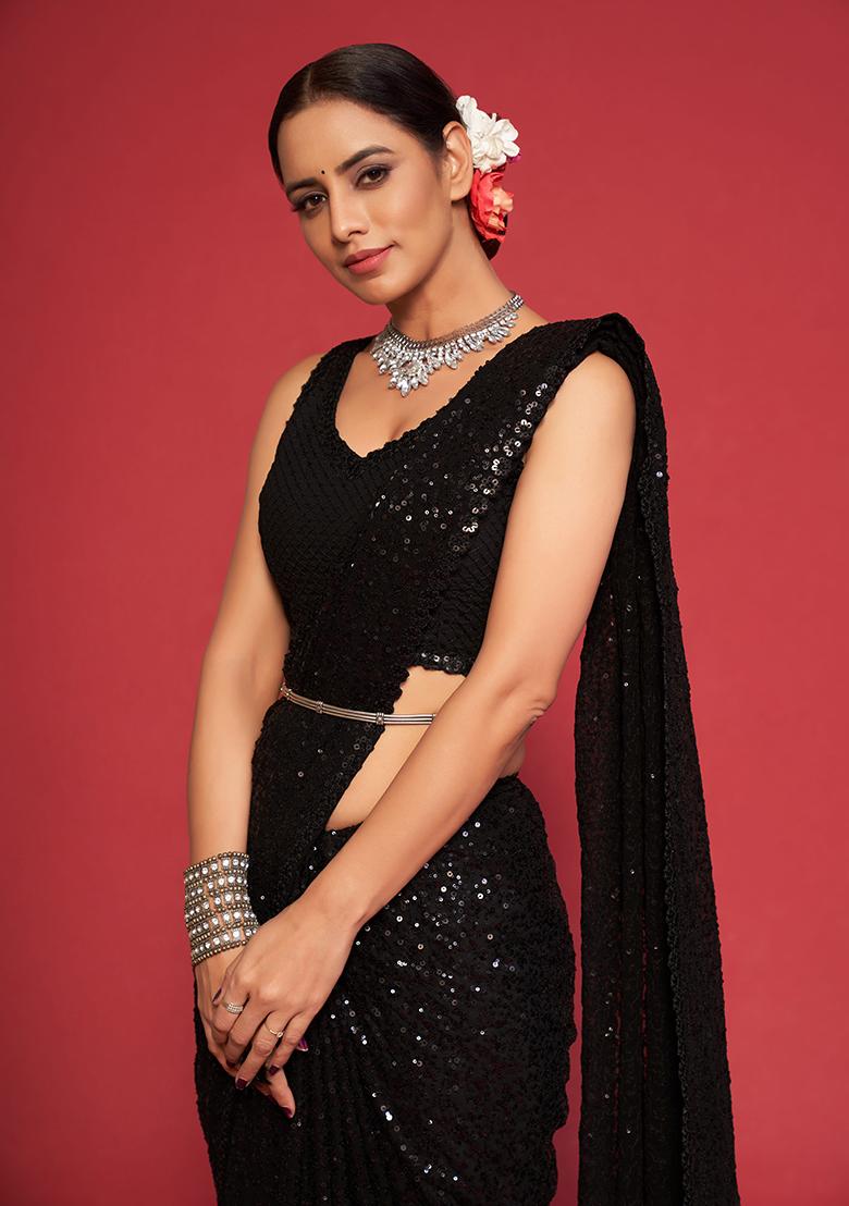 Black Sequin Thread Embroidered Georgette Saree Set