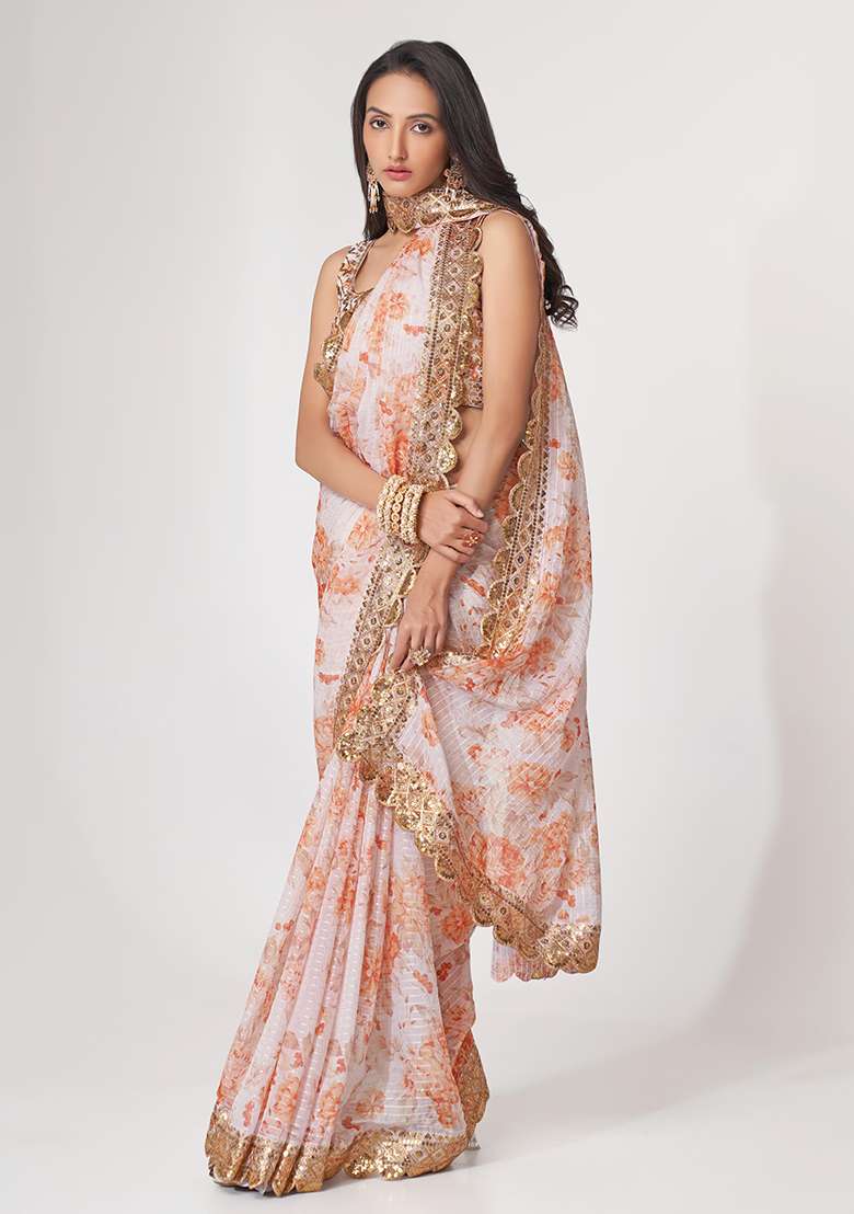 White Organza Saree Set with Digital Print & Embroidered for Diwali | Wedding & Festive Wear - Indya