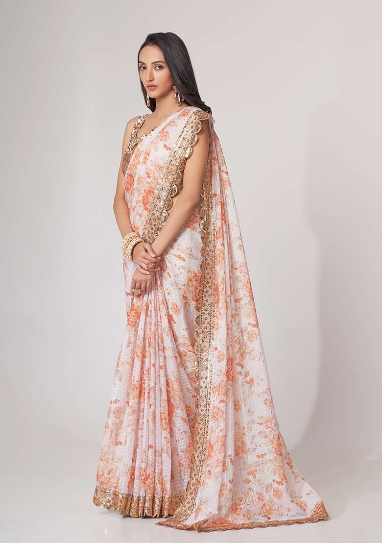 White Organza Saree Set with Digital Print & Embroidered for Diwali | Wedding & Festive Wear - Indya