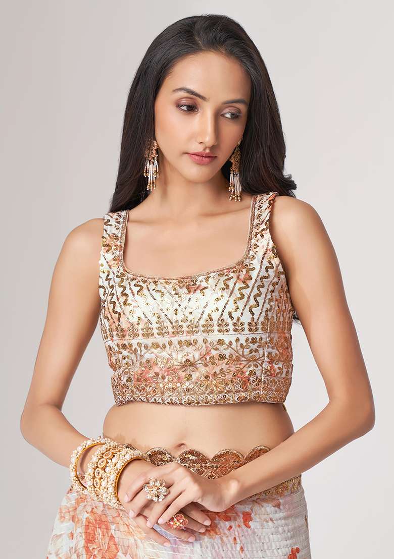 White Organza Saree Set with Digital Print & Embroidered for Diwali | Wedding & Festive Wear - Indya