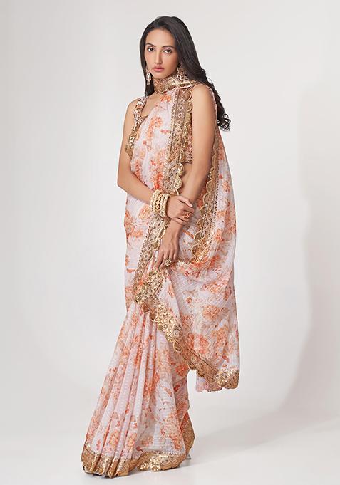 White Digital Print Sequin Embroidered Organza Saree Set