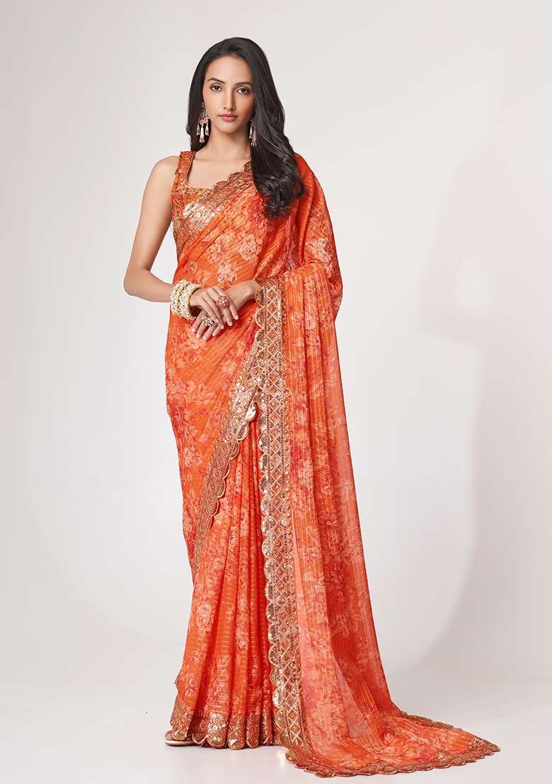 Orange Digital Print Sequin Embroidered Organza Saree Set for Diwali and Festive Wear - Indya