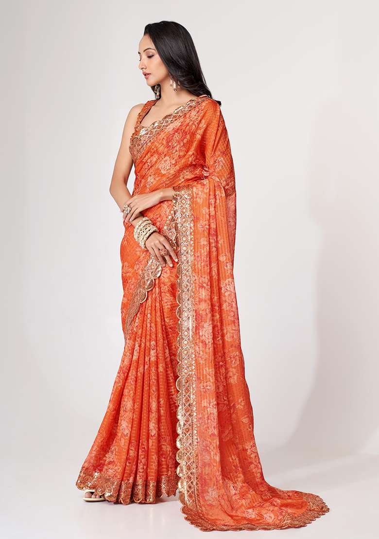 Orange Digital Print Sequin Embroidered Organza Saree Set for Diwali and Festive Wear - Indya