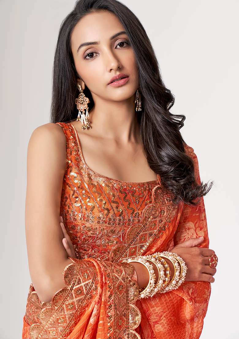 Orange Digital Print Sequin Embroidered Organza Saree Set for Diwali and Festive Wear - Indya