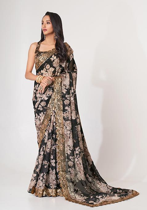 Black Digital Print Sequin Embroidered Organza Saree Set