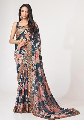 Dove Blue Digital Print Sequin Embroidered Organza Saree Set