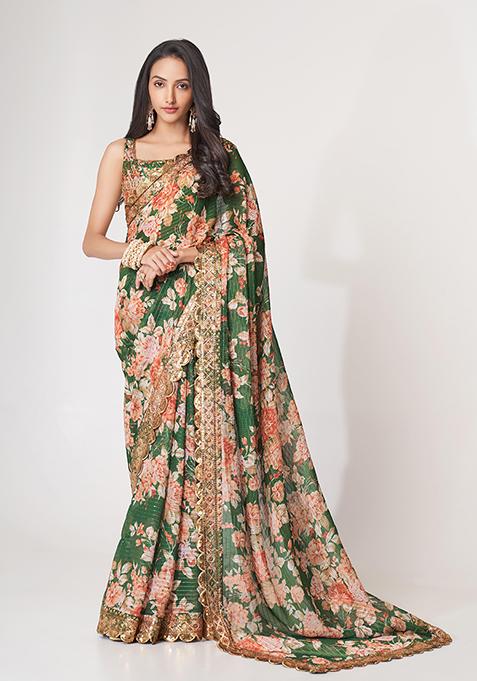 Green Digital Print Sequin Embroidered Organza Saree Set