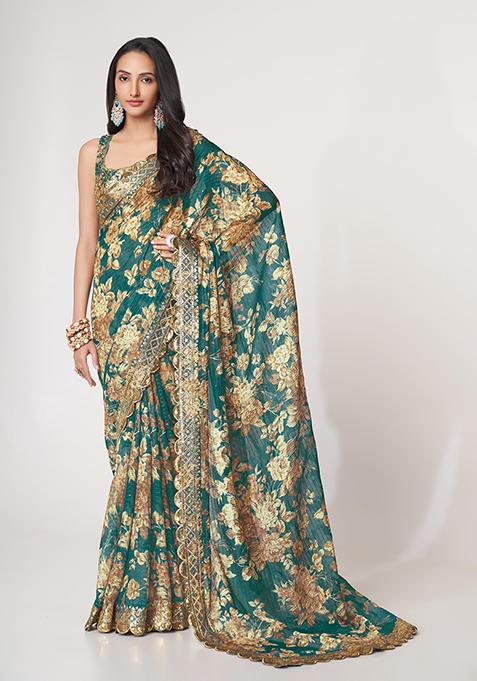 Teal Blue Digital Print Sequin Embroidered Organza Saree Set