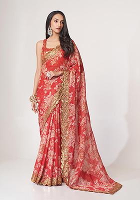 Red Digital Print Sequin Embroidered Organza Saree Set