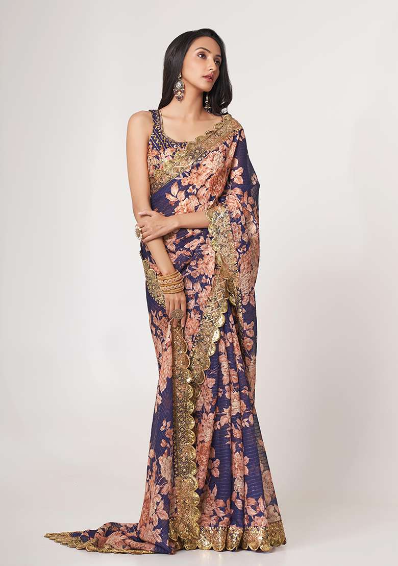 Purple Digital Print Sequin Embroidered Organza Saree Set for Diwali and Festive Wear - Indya