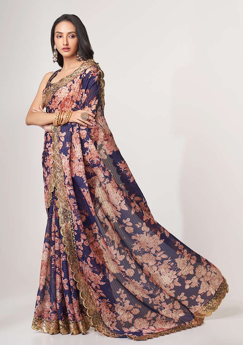 Purple Digital Print Sequin Embroidered Organza Saree Set for Diwali and Festive Wear - Indya