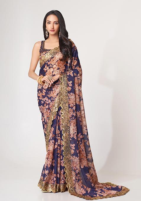 Purple Digital Print Sequin Embroidered Organza Saree Set