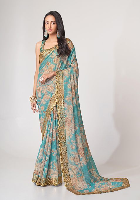 Sky Blue Digital Print Sequin Embroidered Organza Saree Set