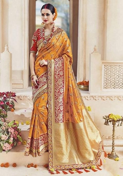 Amber Yellow Embroidered Kanchipuram Silk Saree Set