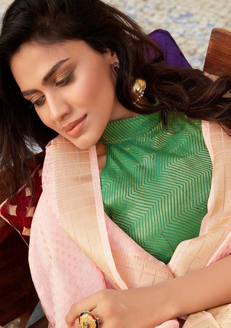 Pink Woven Tussar Silk Saree Set