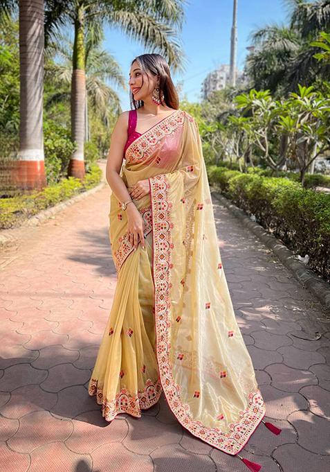 Lemon Yellow Solid Twill Net Saree Set