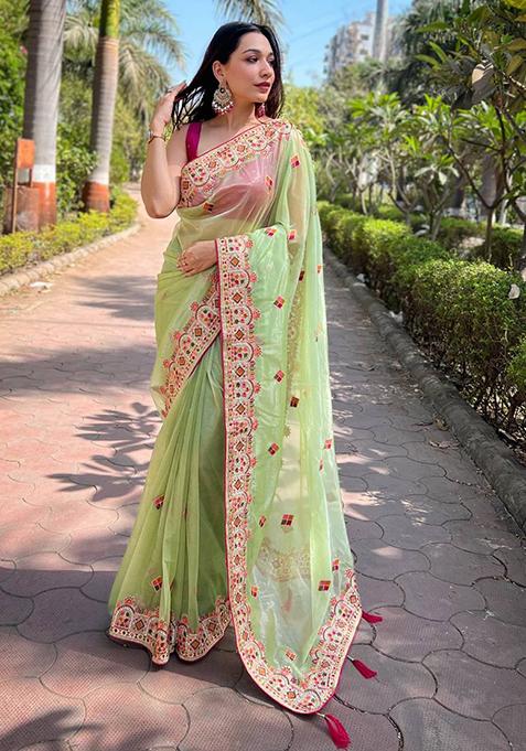 Parrot Green Solid Twill Net Saree Set