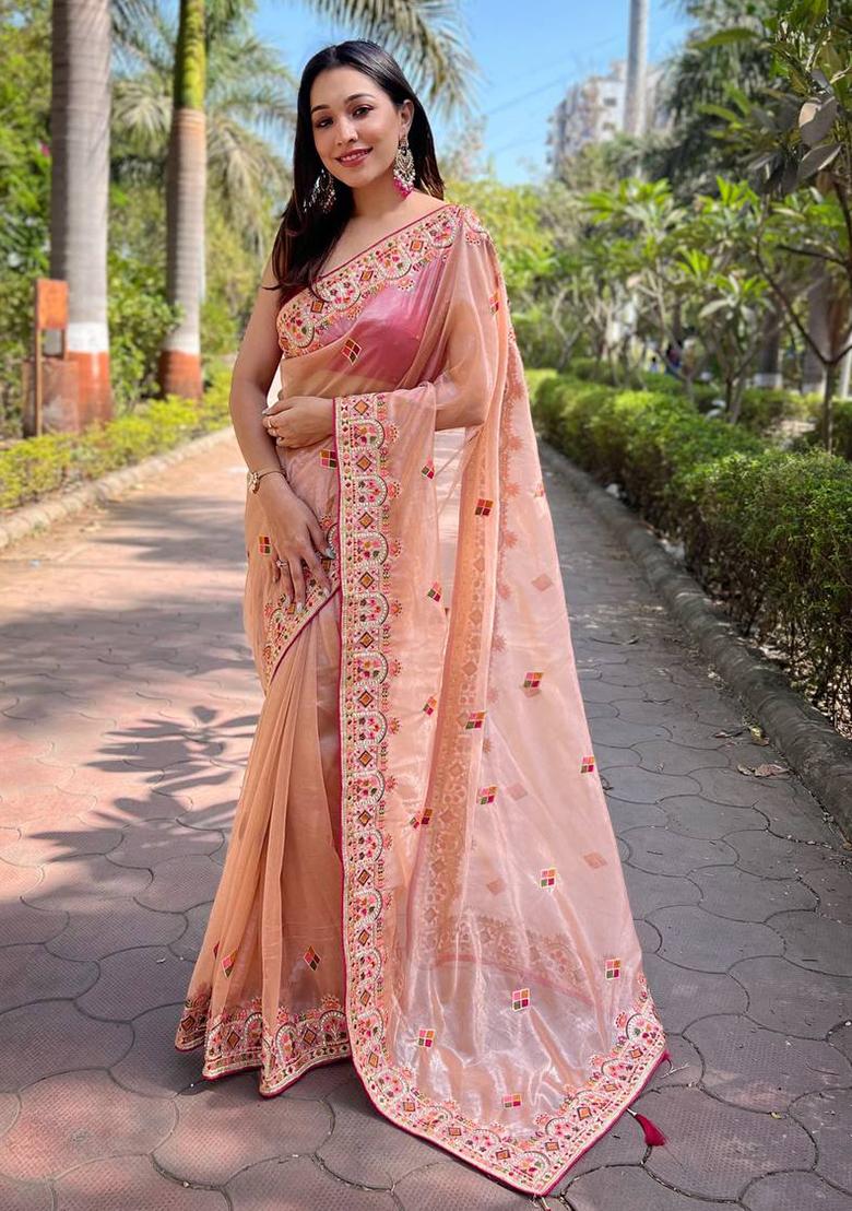 Peach Solid Twill Net Saree Set