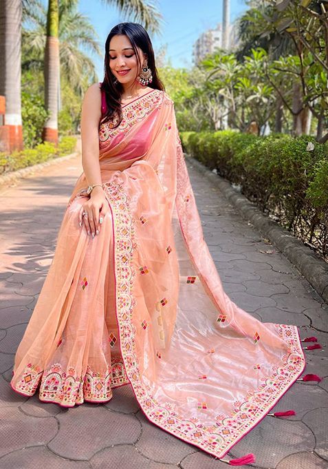 Peach Solid Twill Net Saree Set