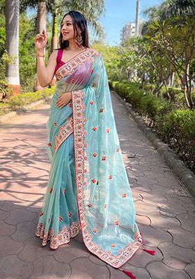 Sky Blue Solid Twill Net Saree Set