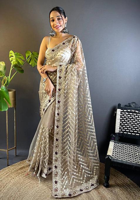 Chiku Brown Solid Butterfly Net Saree Set