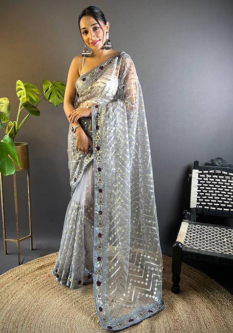 Grey Solid Butterfly Net Saree Set