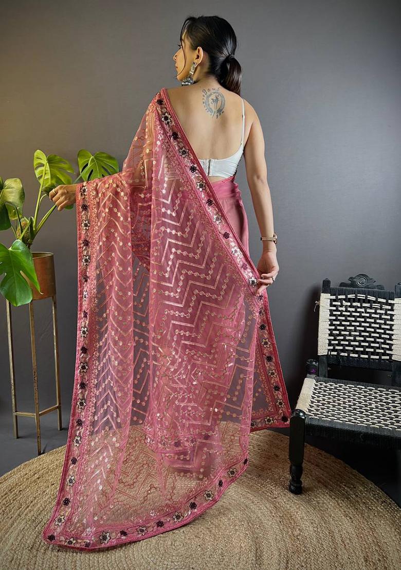 Pink Solid Butterfly Net Saree Set