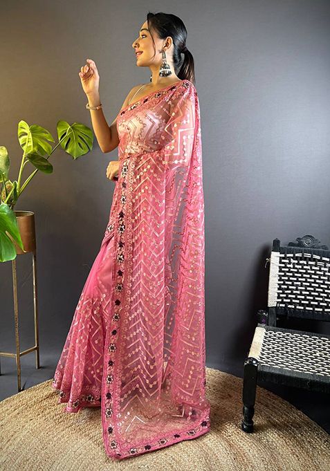 Pink Solid Butterfly Net Saree Set