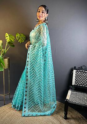 Sky Blue Solid Butterfly Net Saree Set