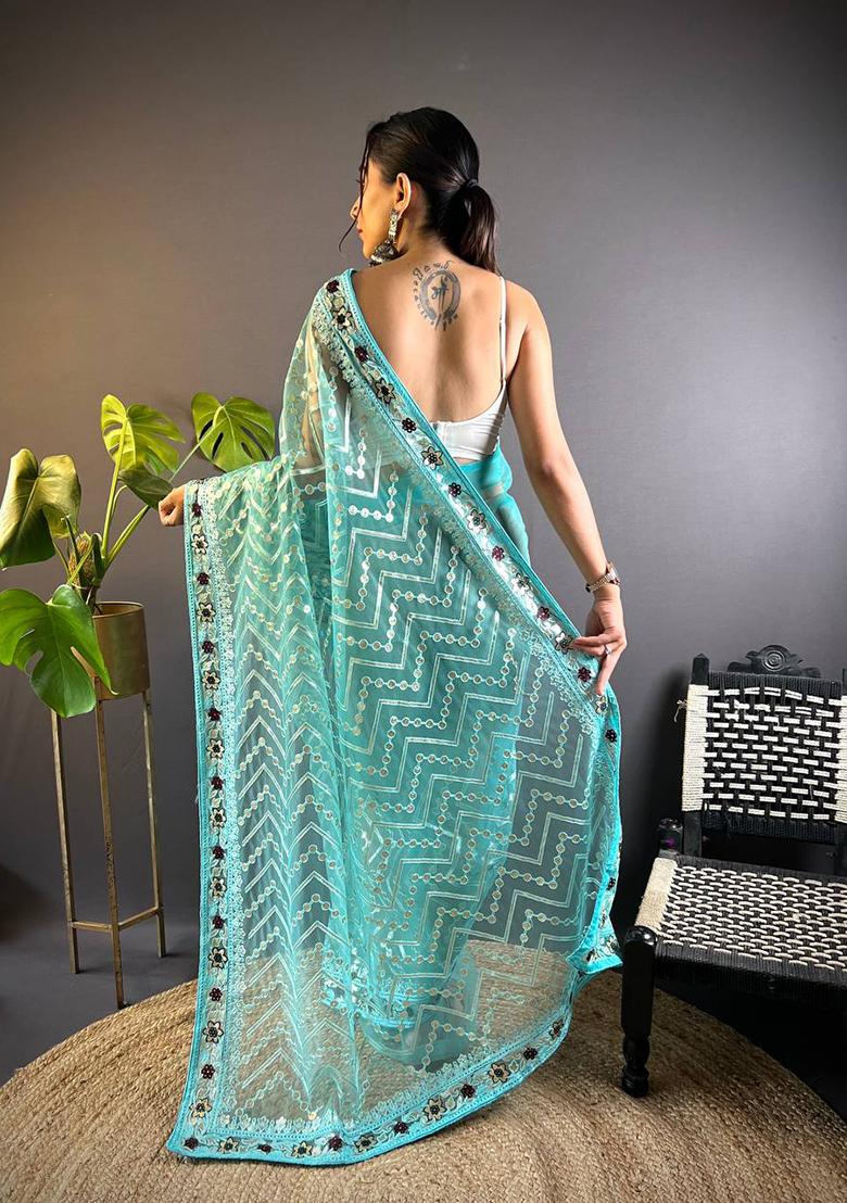 Sky Blue Solid Butterfly Net Saree Set