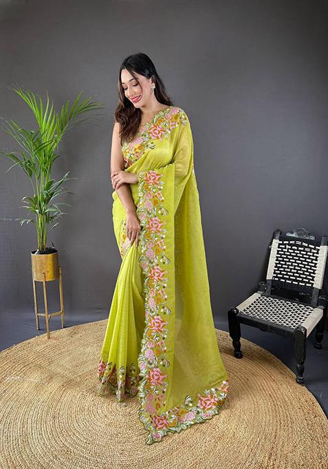 Olive Solid Shimmer Silk Saree Set