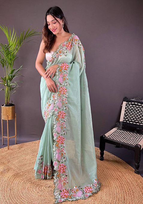 Pista Green Solid Shimmer Silk Saree Set