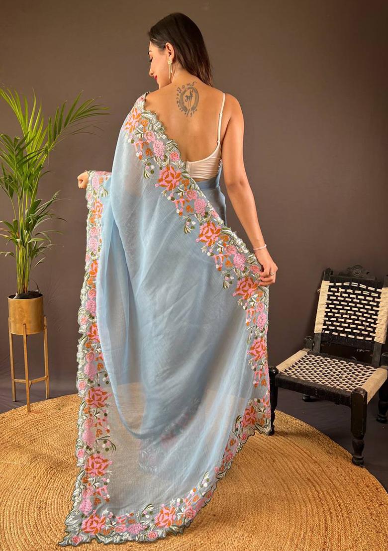 Sky Blue Solid Shimmer Silk Saree Set