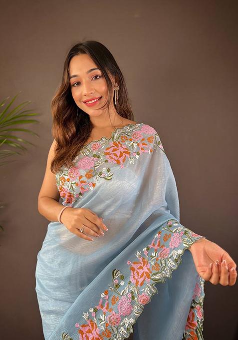 Sky Blue Solid Shimmer Silk Saree Set