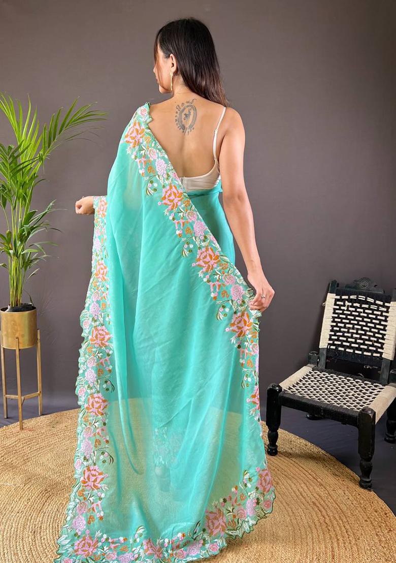 Turquoise Solid Shimmer Silk Saree Set