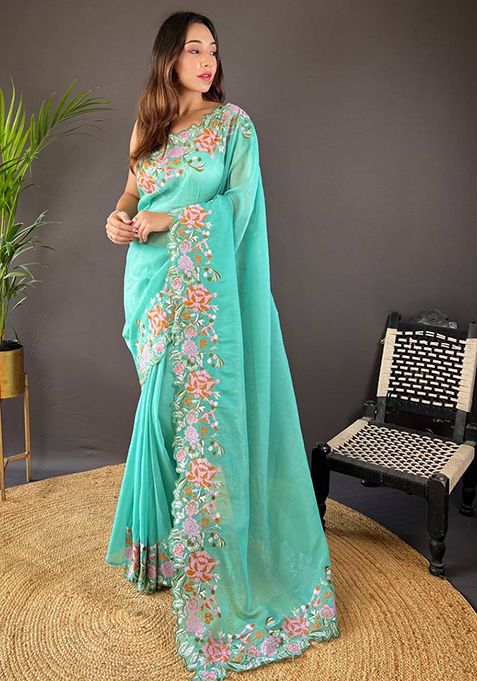 Turquoise Solid Shimmer Silk Saree Set