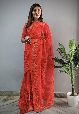 Red Solid Butterfly Net Saree Set