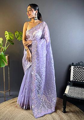 Lavender Solid Twill Net Saree Set