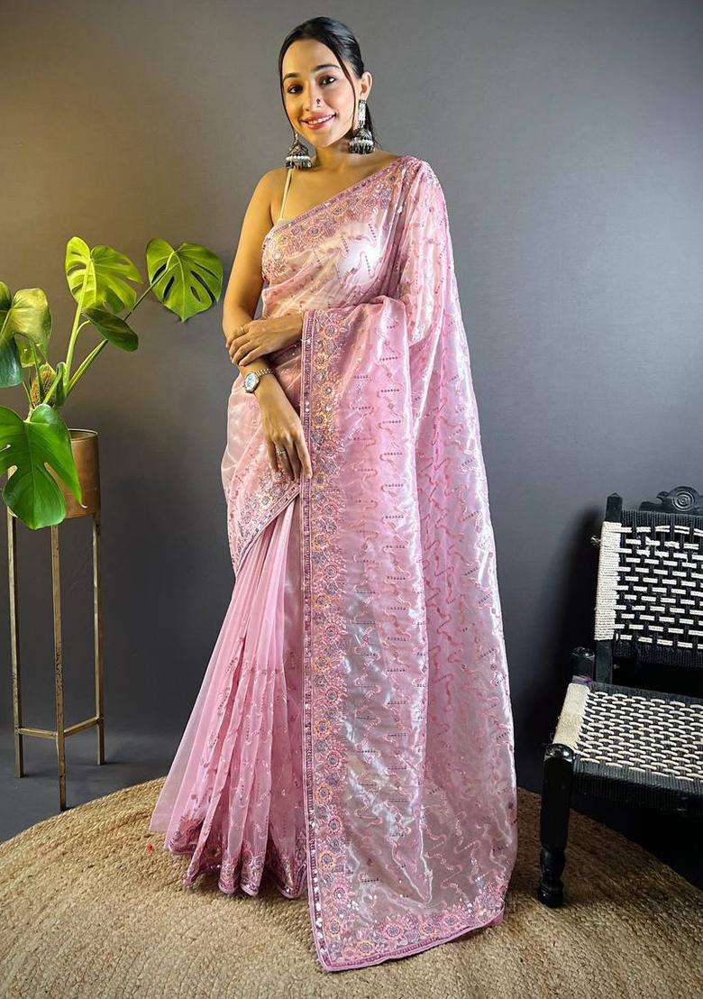 Pink Solid Twill Net Saree Set