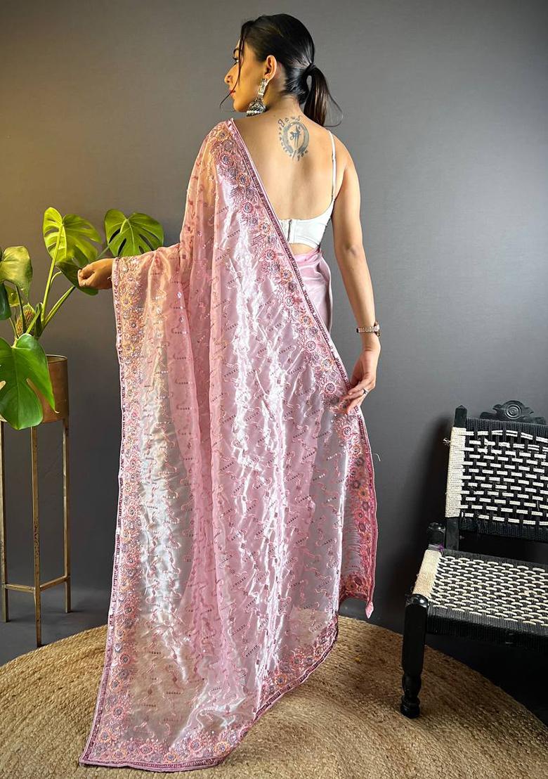 Pink Solid Twill Net Saree Set