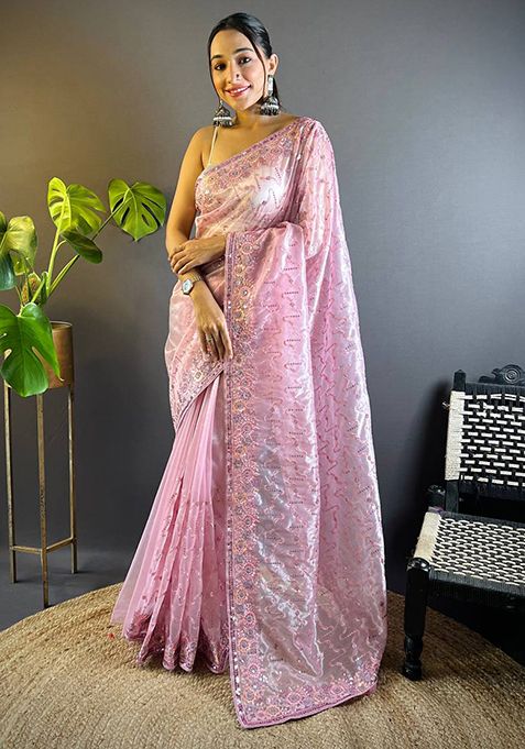 Pink Solid Twill Net Saree Set