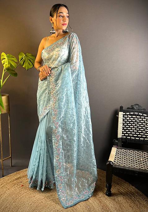 Sky Blue Solid Twill Net Saree Set