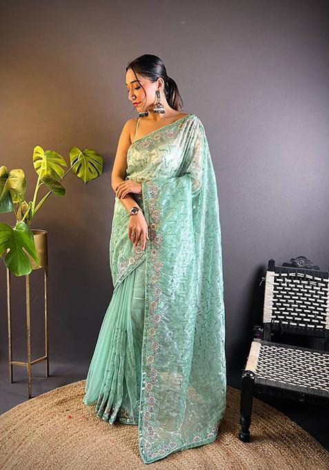 Sea Green Solid Twill Net Saree Set