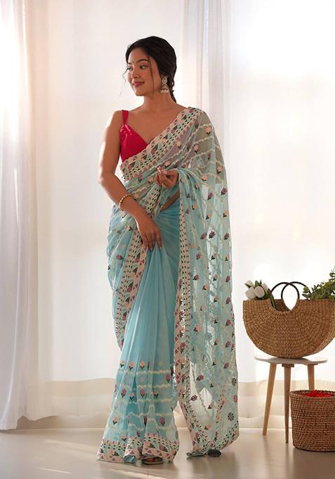 Sky Blue Solid Thai Organza Saree Set