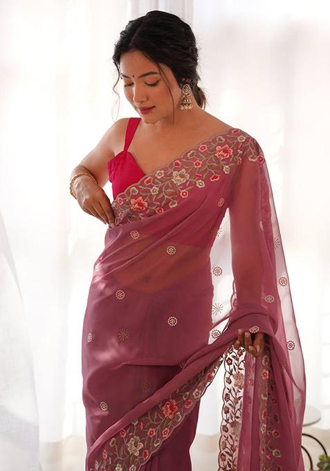 Rosewood Pink Solid Thai Organza Saree Set