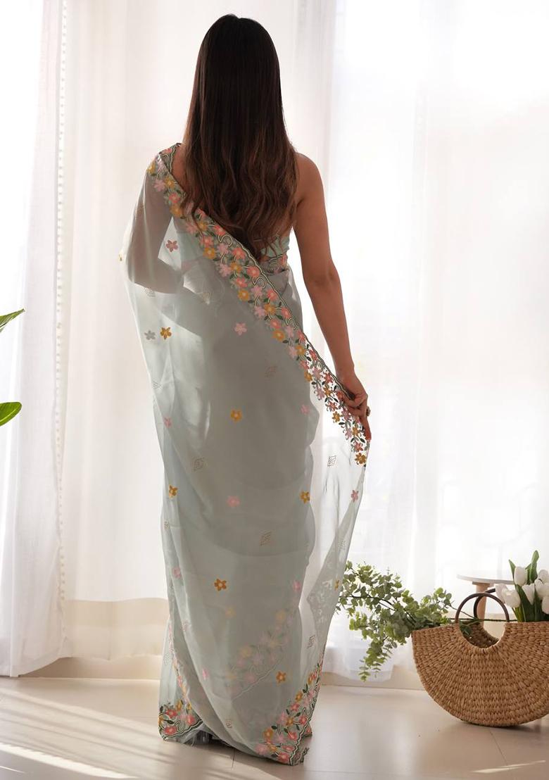 Sky Blue Solid Thai Organza Saree Set