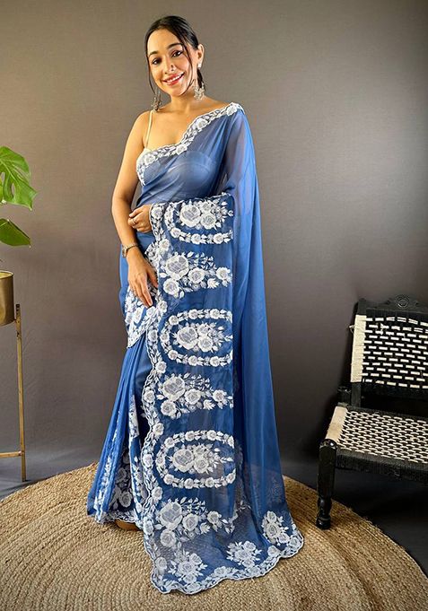 Blue Solid Thai Organza Saree Set