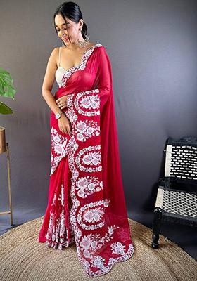 Red Solid Thai Organza Saree Set